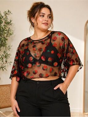 SHEIN Curve 2X Sheer Strawberry Embroidered Mesh Crop Top – Playful Luxe